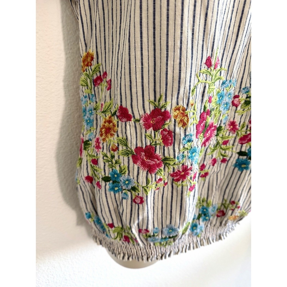 Johnny Was Embroidered Stripe Top S Puff Sleeve Smocked J3 Workshop Boho Cotton - Picture 6 of 12